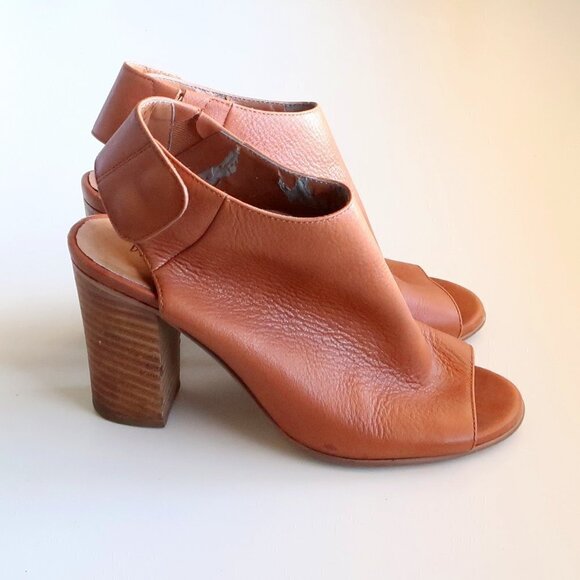 Matisse Tan Leather Peep-Toe Stacked Block Heel Bootie Shoes Size 7 - Picture 16 of 16